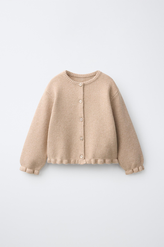 ZARA КАРДИГАН С ОБОРКАМИ, СВЕТЛО-БЕЖЕВЫЙ