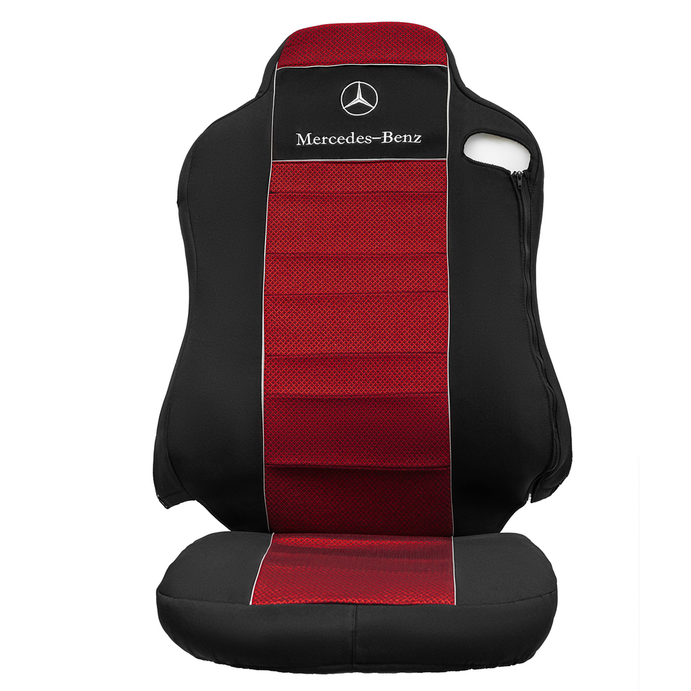 Чехлы Mercedes AXOR после 2014 года Высокие сиденья (полиэфир, черный, красная вставка)