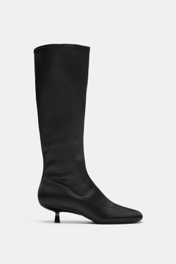 ZARA АТЛАСНЫЕ САПОГИ НА КАБЛУКЕ, ЧЕРНЫЙ