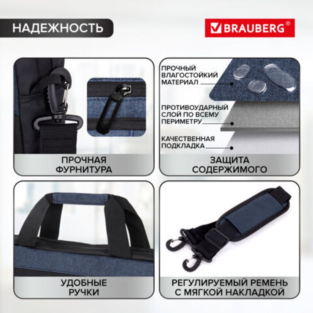Сумка-портфель BRAUBERG "Forward" с отделением для ноутбука 15,6", темно-синяя, 29х40х9 см, 270833