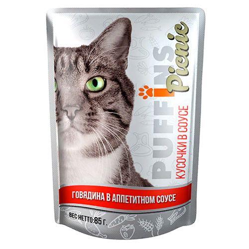 Puffins Picnic Влажный корм для кошек, говядина в соусе, 85 г