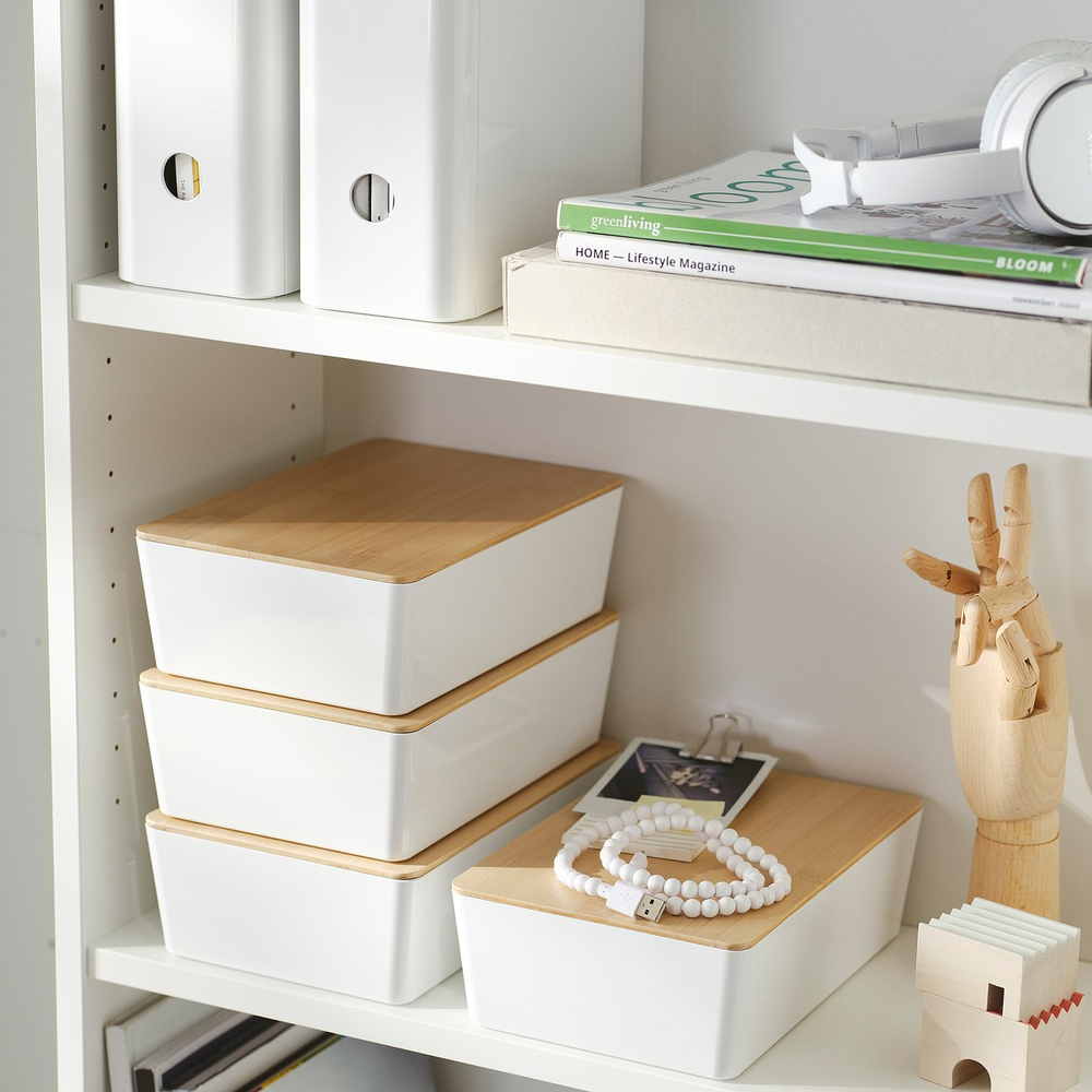 IKEA KUGGIS  (ИКЕА КУГГИС)  -  Контейнер с крышкой - белый/бамбук 18x26x8 см