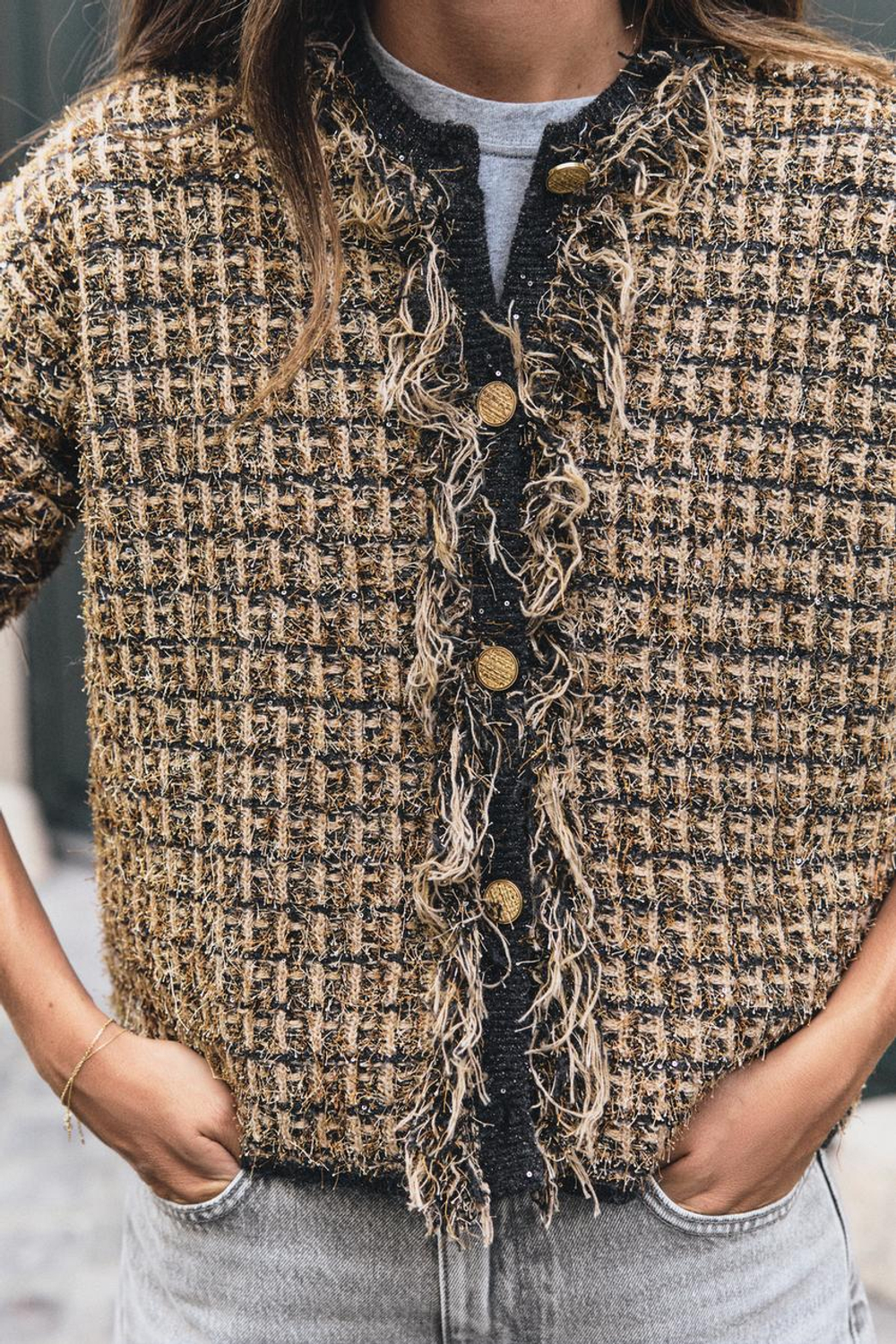ZARA КАРДИГАН С НЕОБРАБОТАННЫМИ КРАЯМИ И МЕТАЛЛИЗИРОВАННОЙ НИТЬЮ, ЗОЛОТИСТЫЙ