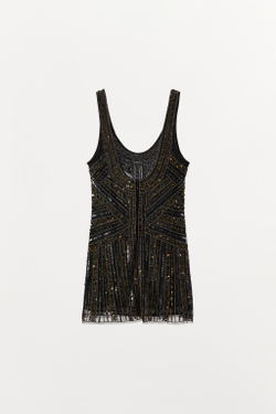 ZARA МИНИ-ПЛАТЬЕ С ВЫШИВКОЙ И БУСИНАМИ, ЧЕРНЫЙ