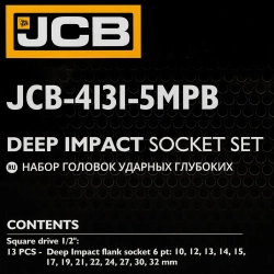 Набор головок ударных глубоких,13пр.,1/2''(10, 12-15, 17, 19, 21, 22, 24, 27.30, 32мм),в пласт.кейсе JCB JCB-4131-5MPB