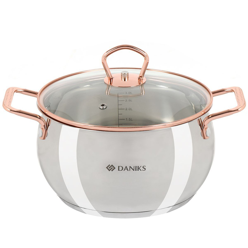 Кастрюля нерж, 3.4 л, крышка стекло, Daniks, Карлин, GS-01332G-20, индукц