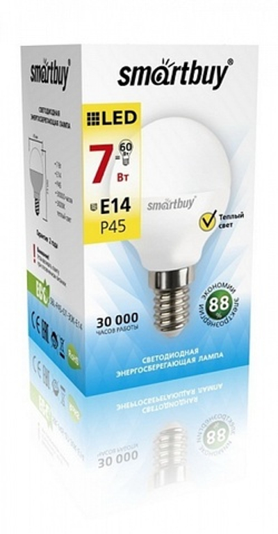 Светодиодная лампа Smartbuy P45-7W/3000 E14 теплый свет