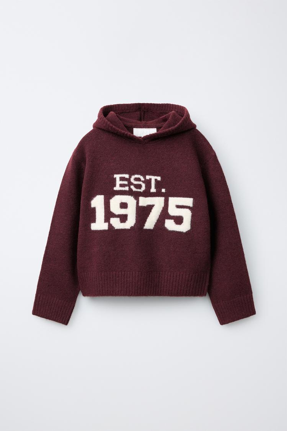 ZARA ТРИКОТАЖНЫЙ СВИТЕР С КАПЮШОНОМ И ПРИНТОМ, БУРГУНДИ