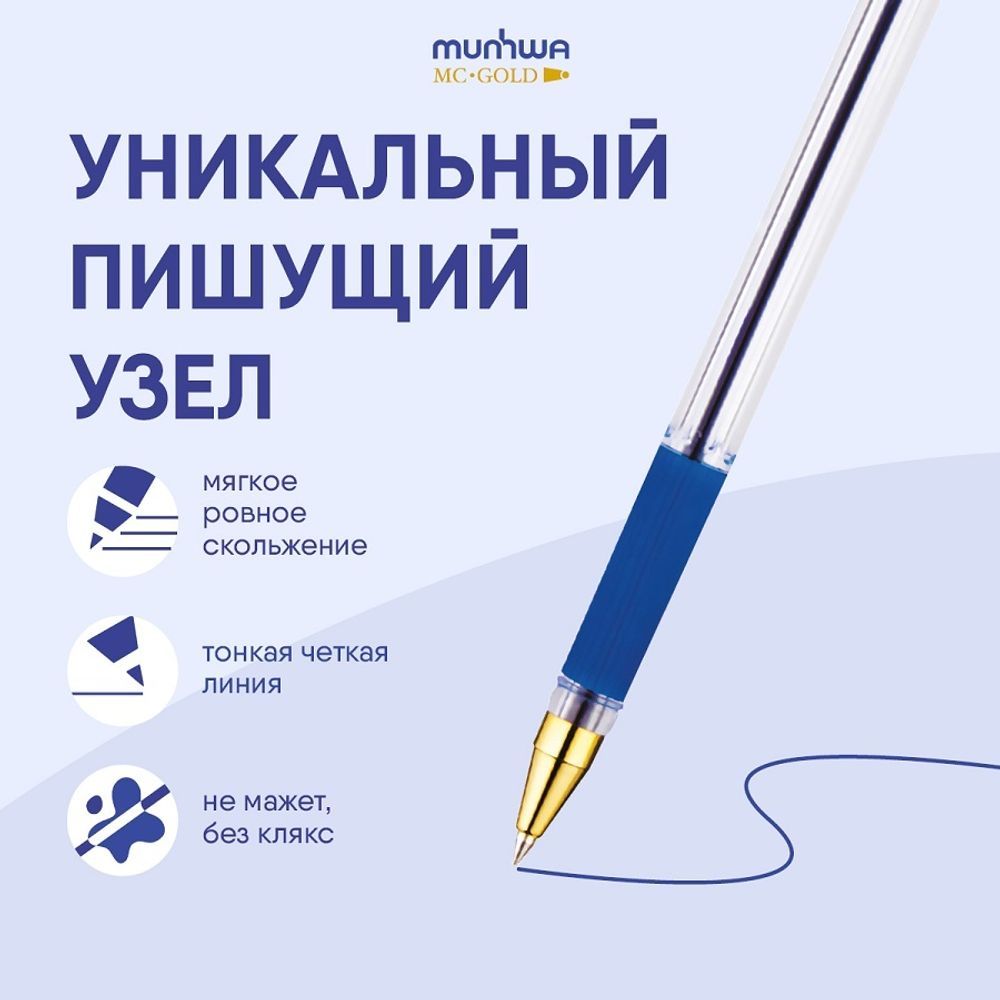 Набор Ручка шариковая MunHwa MC Gold синяя, 0.5мм, грип, 1 шт + стержень 4шт. 0.5мм