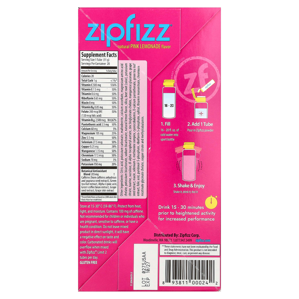 Zipfizz, Энергетическая смесь для здорового спорта с витамином B12, розовый лимонад, 20 тюбиков по 11 г (0,39 унции)