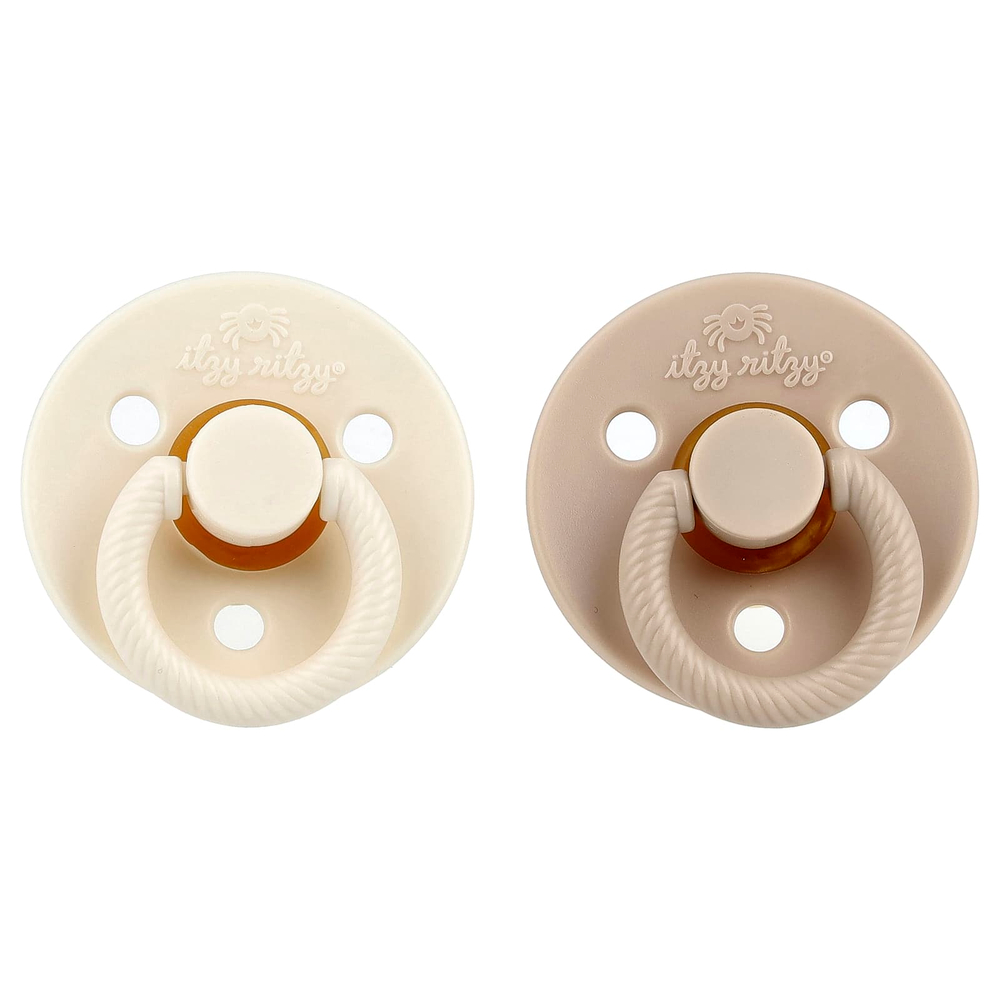 itzy ritzy, Itzy Soother ™, пустышки с сосками из натурального каучука, для детей от 6 до 18 месяцев, кокос и тосты, 2 пустышки