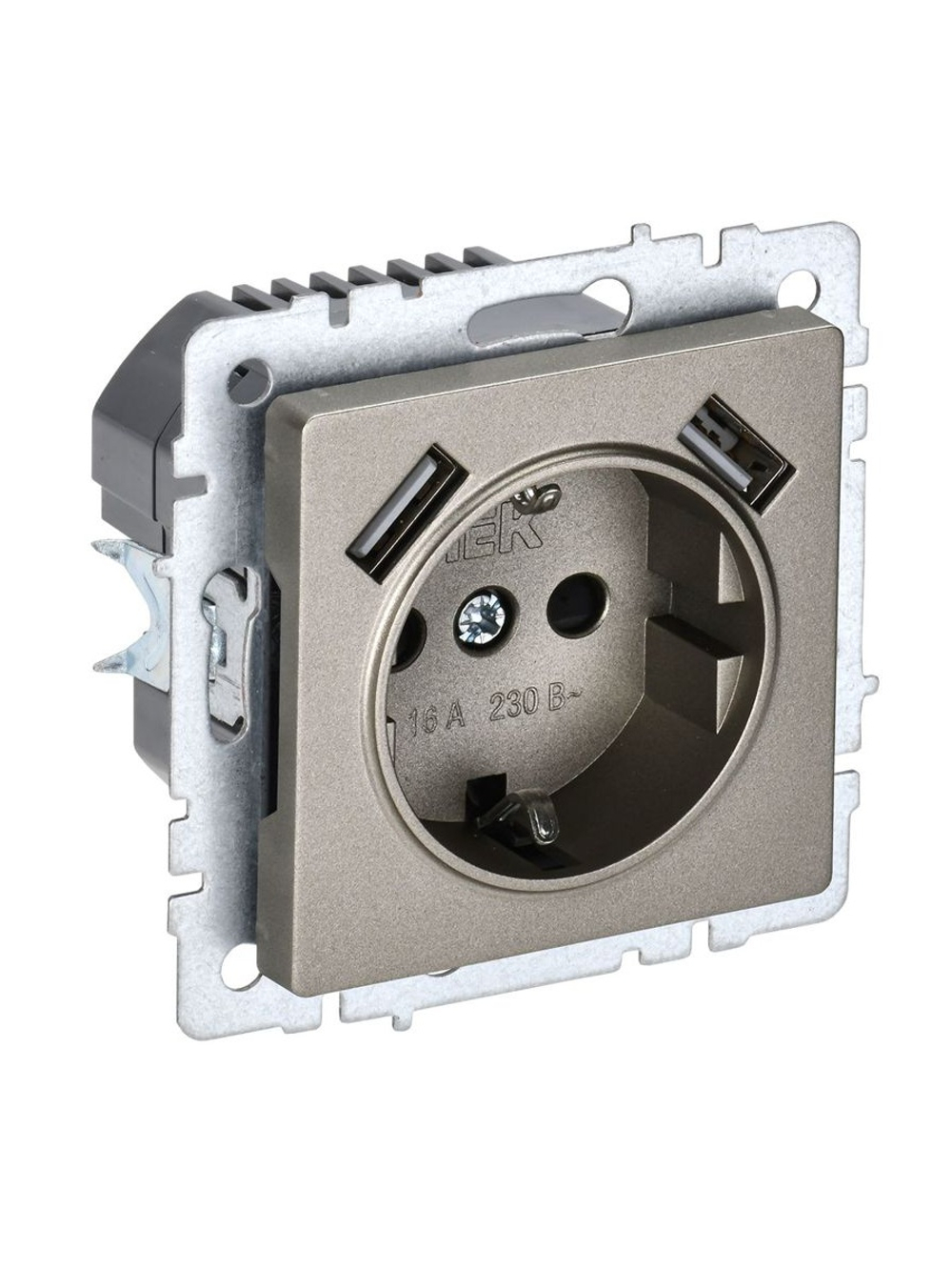 Розетка BRITE РЮш10-2-БрШ 16А с USB A+A 3.1А с заземл. защ. шторки механизм шампань IEK BR-R14-16-U21-D31-K37