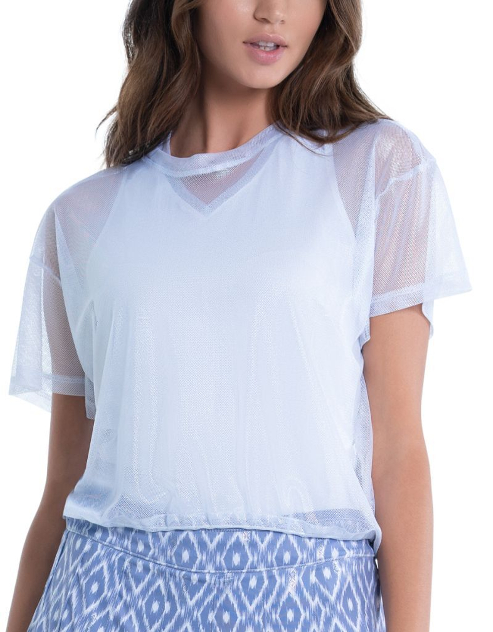 Женская теннисная футболка Lucky in Love All About Ikat Pearlized Mesh Short Sleeve Top - Серебро