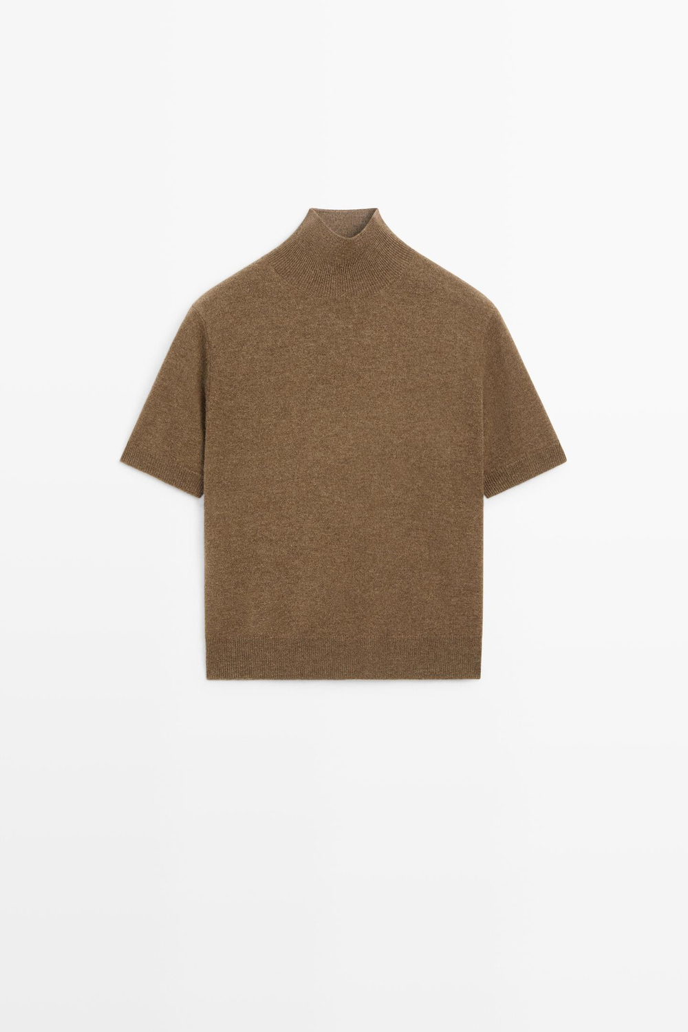 Massimo Dutti Вязаный свитер с короткими рукавами из смеси кашемира и шерсти, коричневый