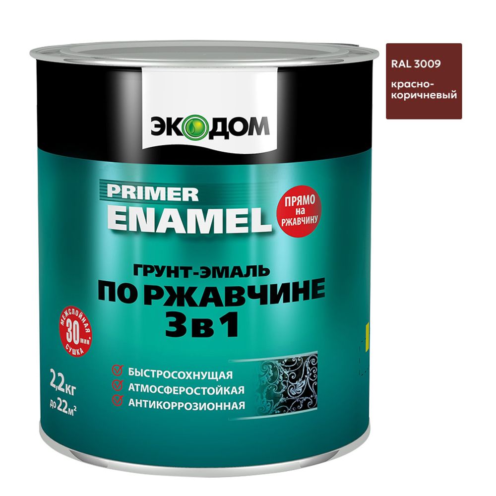 Эмаль-грунт по ржавчине 3в1 ЭКОДОМ  RAL 3009  красно-коричневая   2,2кг (Рогнеда)