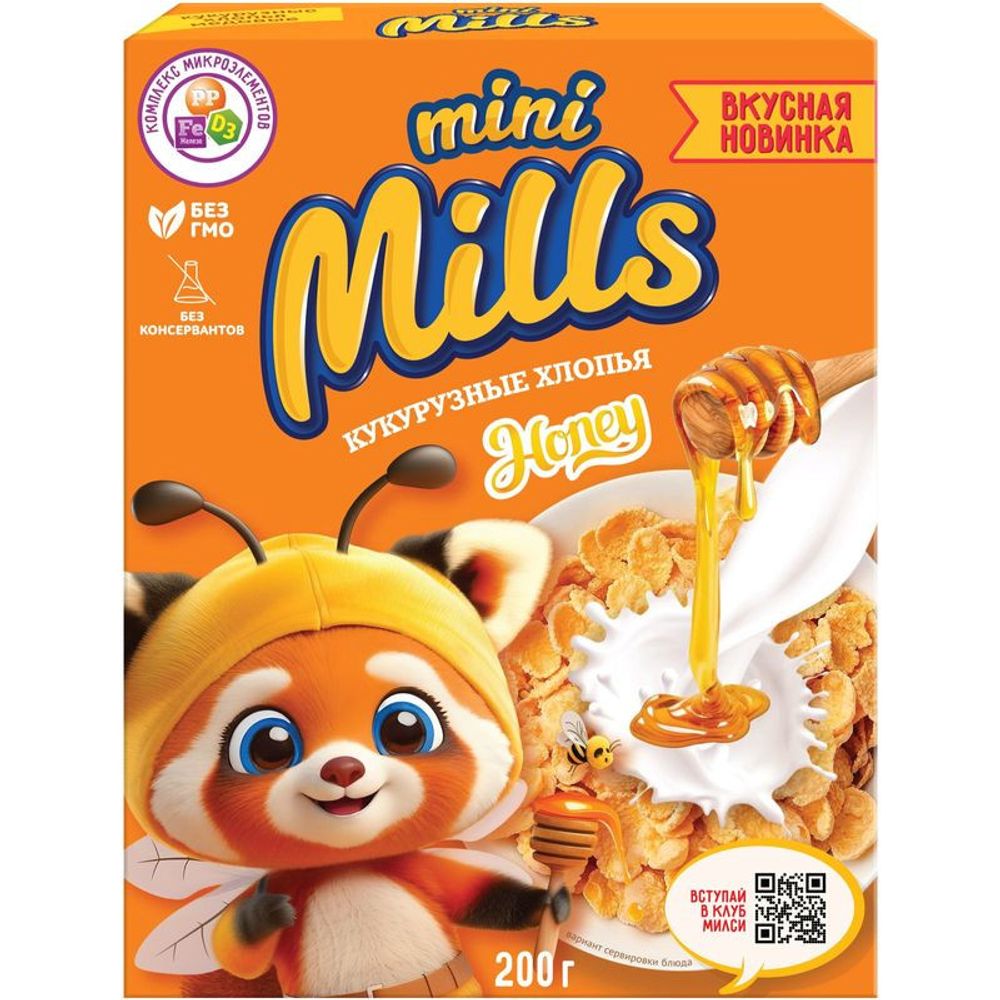 Хлопья кукурузные медовые, обогащенные витаминами и железомMini Mills 200г