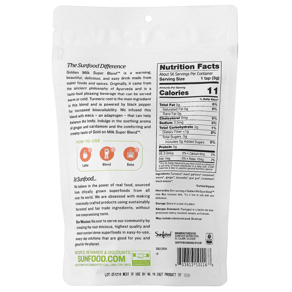 Sunfood, Organic Golden Milk Super Blend™, 170 г (6 унций)