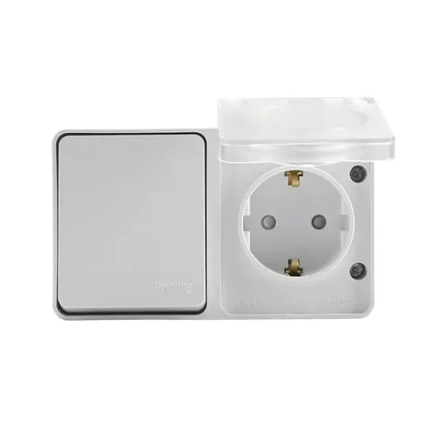 ATLASDESIGN PROFI IP54 О/У БЛОК: РОЗЕТКА с заземл. со шт., 16А, ВЫКЛЮЧАТЕЛЬ 1-клав., 10АХ, БЕЛЫЙ