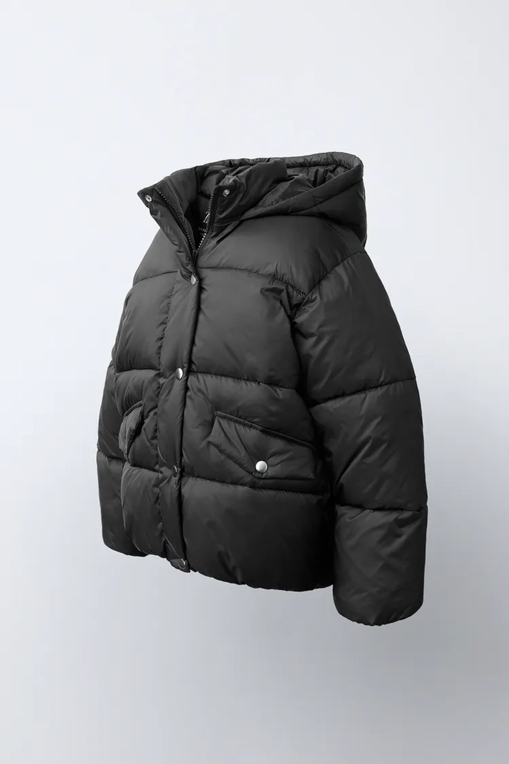 ZARA СТЕГАНАЯ КУРТКА WATER-REPELLENT С КАПЮШОНОМ, ЧЕРНЫЙ