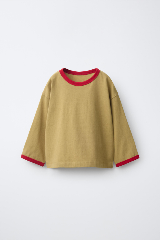 ZARA ФУТБОЛКА С КОНТРАСТНОЙ ОКАНТОВКОЙ, КРЕМОВЫЙ