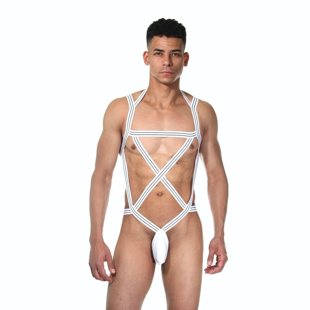 Белое мужское боди из широких резинок (Размер: L-XL) (Цвет: белый)