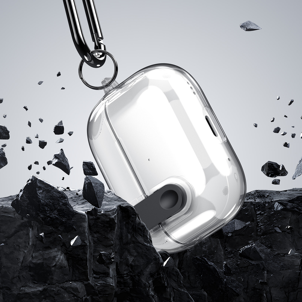 Прозрачный чехол с кнопкой черного цвета от Dux Ducis для наушников AirPods 4, серия PECL Series Case, в комплекте с карабином
