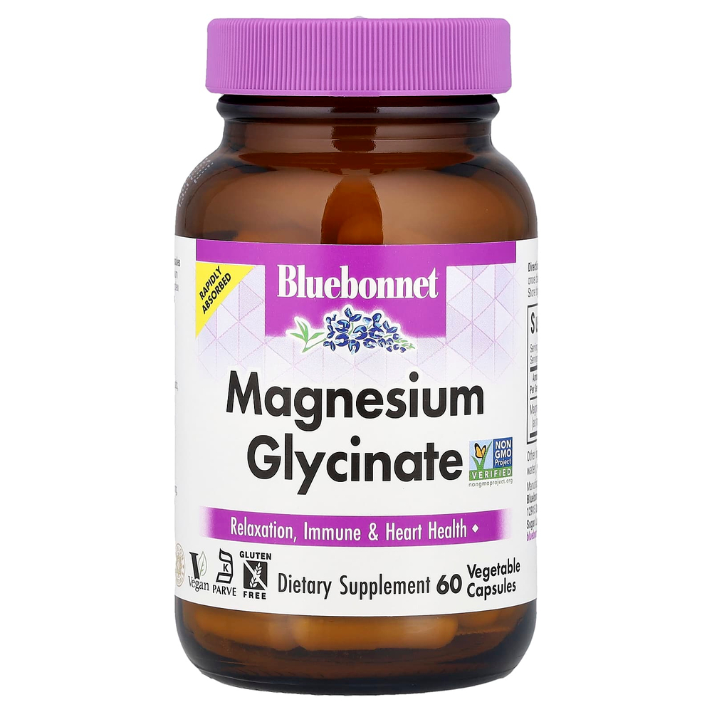 Bluebonnet Nutrition, Глицинат магния, 60 растительных капсул (100 мг на капсулу)
