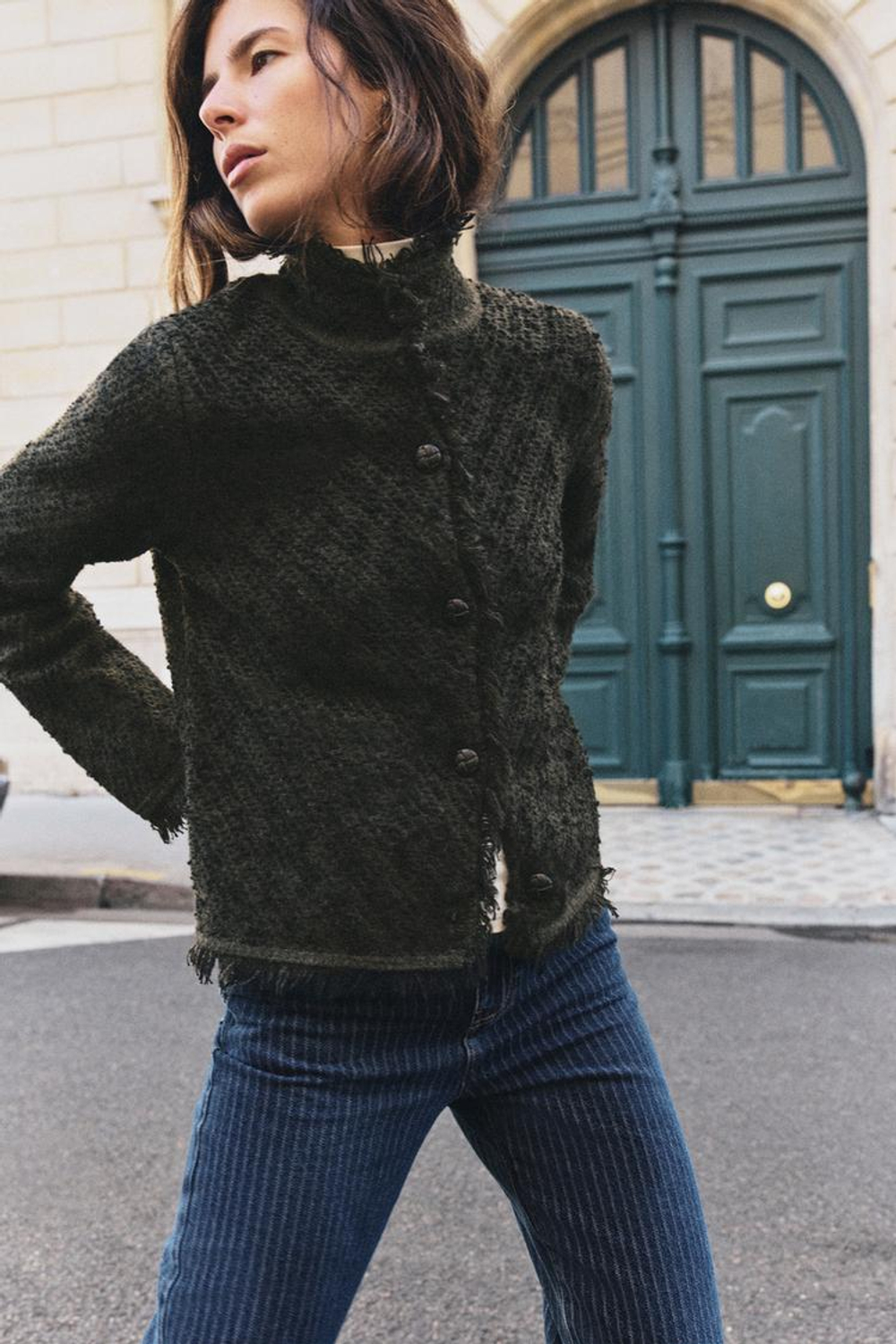 ZARA КАРДИГАН С НЕОБРАБОТАННЫМ КРАЕМ, МЯГКИЙ ЗЕЛЕНЫЙ