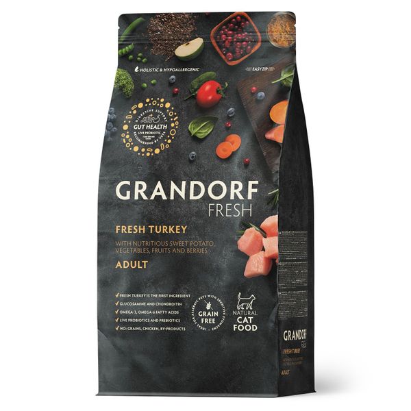 Сухой корм GRANDORF Fresh Cat ADULT Turkey&Sweet Potato для кошек из свежего мяса индейки с бататом