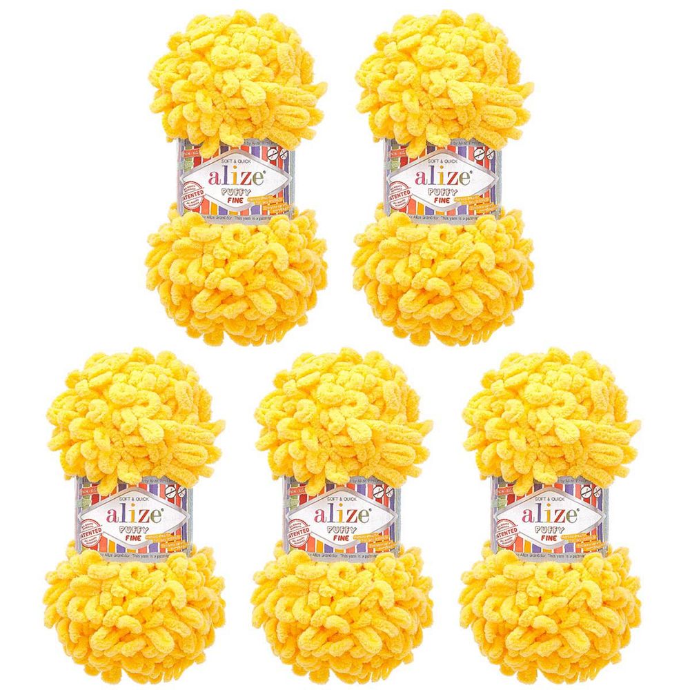 Пряжа Alize (Ализе) Puffy Fine / уп.5 мот. по 100 г, 14м, 113 желтый A
