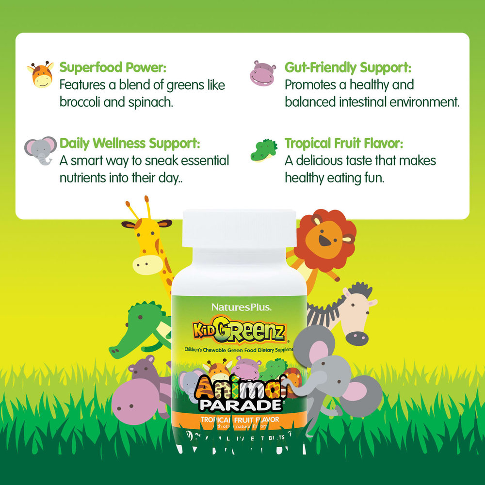 NaturesPlus, Animal Parade®, Kid Greenz®, пищевая добавка для детей с натуральным вкусом зелени, тропические фрукты, 90 таблеток в форме животных