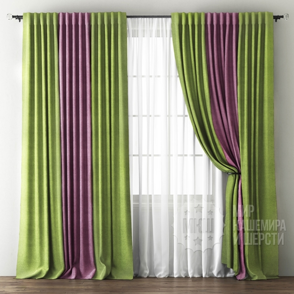 Комплект штор с тюлью: КРИСТЕН (арт. BL01-242-11) - 300х270, (170х270)х2 см. - (Возможна высота 250 см.) - зеленый - фиолетовый