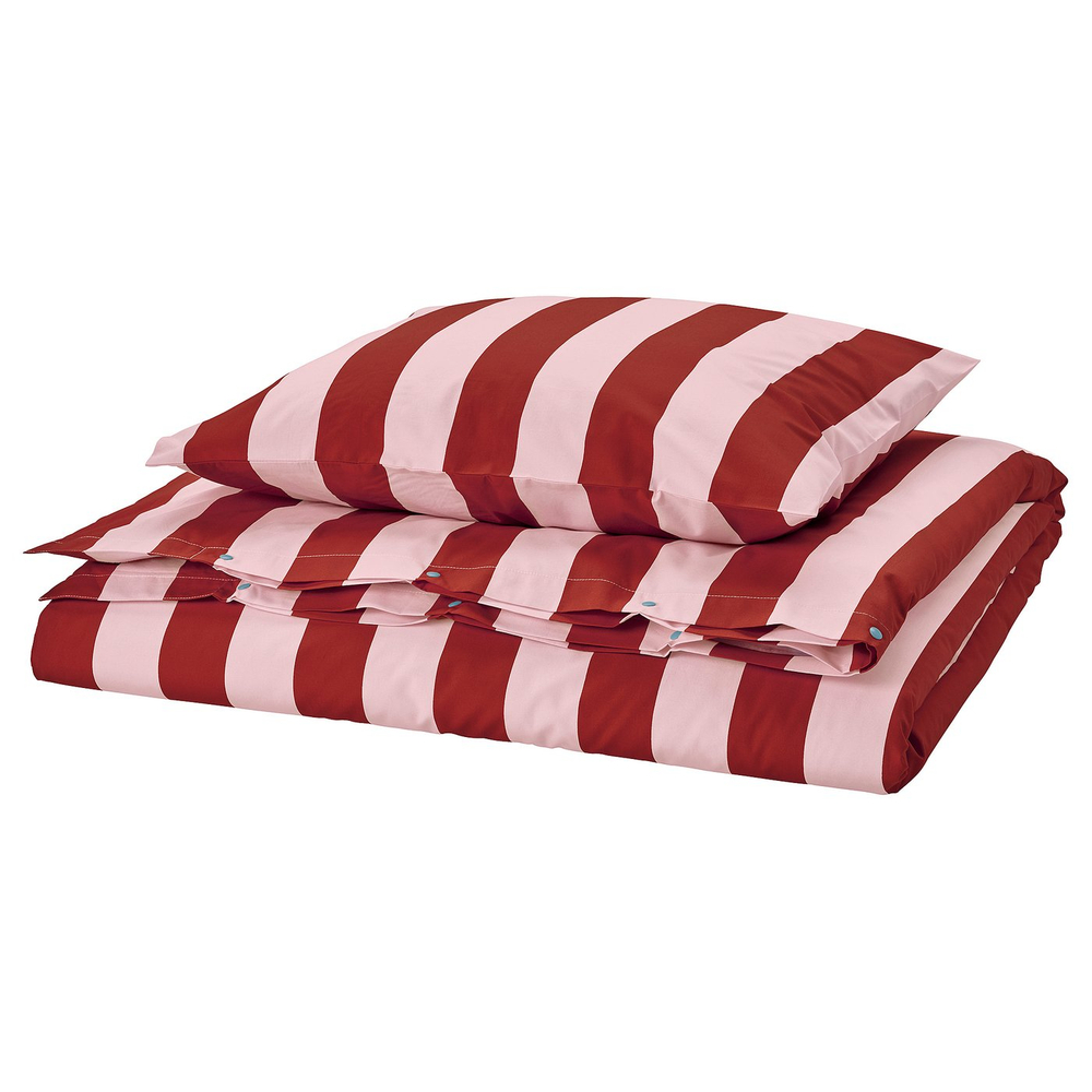 IKEA SLÅNHÖSTMAL  (ИКЕА СЛОНХЁСТМАЛ)  -  Пододеяльник и наволочка - светло-розовый тёмно-красный/полоски 150х200/50х60 см