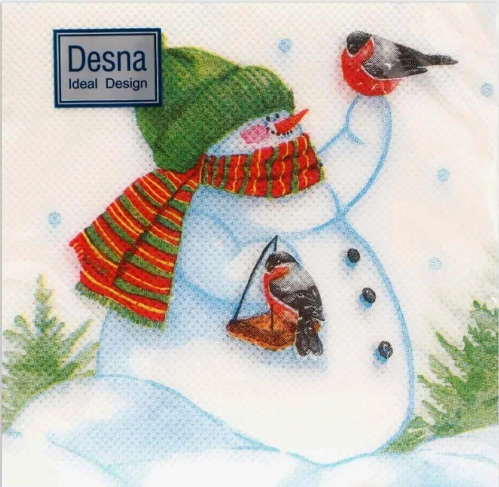 40л Салфетки Design 24х24 Снеговик и снегири, 1 слой (32)