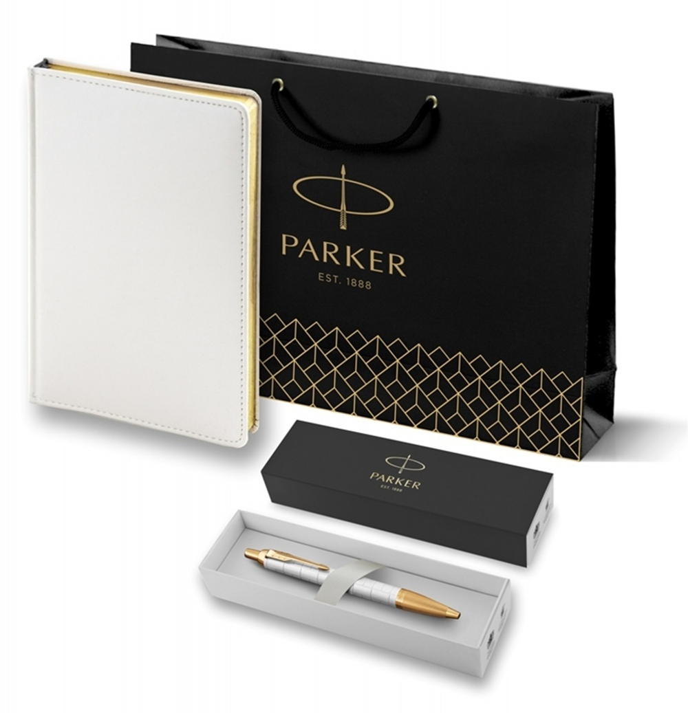 Подарочный набор: Ручка шариковая Parker IM Premium K318 Pearl GT, цвет чернил синий и белый недатированный ежедневник с золотым срезом