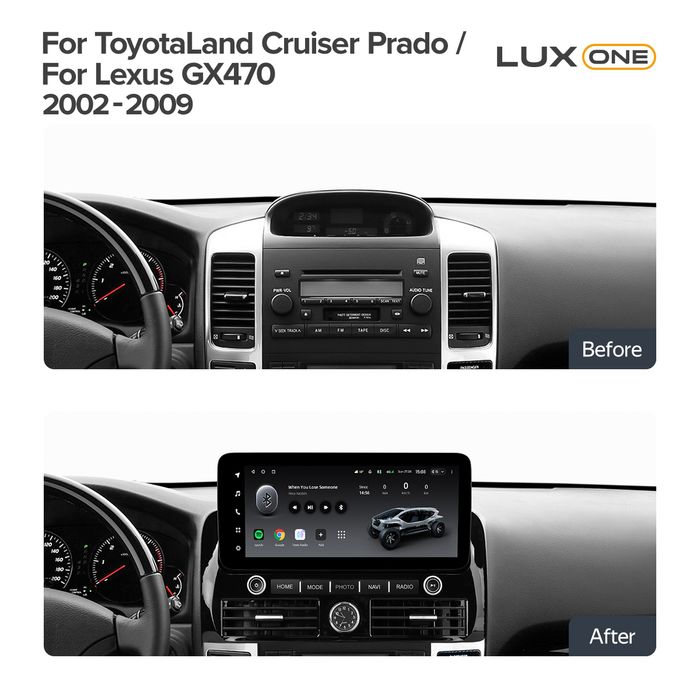 Магнитола для Toyota Land Cruiser Prado 120, Lexus GX470 (JBL, экран климата внизу) - Teyes LUX ONE 360 монитор 12.3" на Android 10, Быстрая, CarPlay, 4G SIM-слот, 4 камеры в комплекте