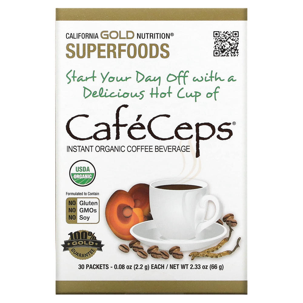 California Gold Nutrition, CafeCeps, сертифицированный органический растворимый кофе с порошком из грибов кордицепс и рейши, 30 пакетиков по 2,2 г (0,08 унции)