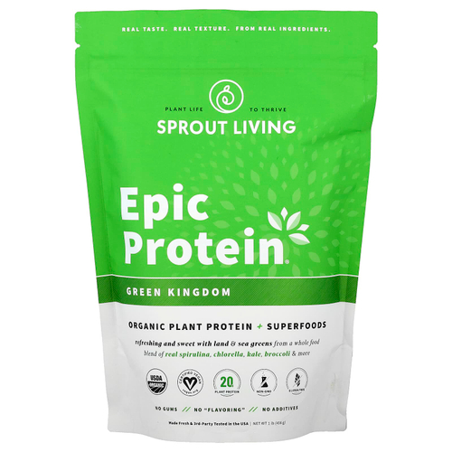 Sprout Living, Epic Protein®, органический растительный протеин и суперпродукты, Green Kingdom, 456 г (1 фунт)