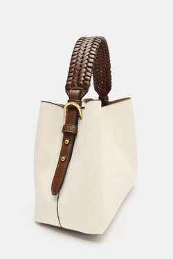 ZARA ХОЛЩОВАЯ СУМКА С ПЛЕТЕНОЙ РУЧКОЙ, СВЕТЛО-БЕЖЕВЫЙ