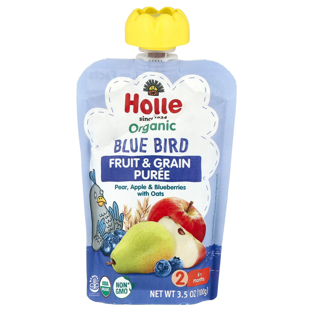 Holle, Органическое пюре из фруктов и злаков, Blue Bird, от 6 месяцев, груша, яблоко и голубика с овсом, 100 г (3,5 унции)