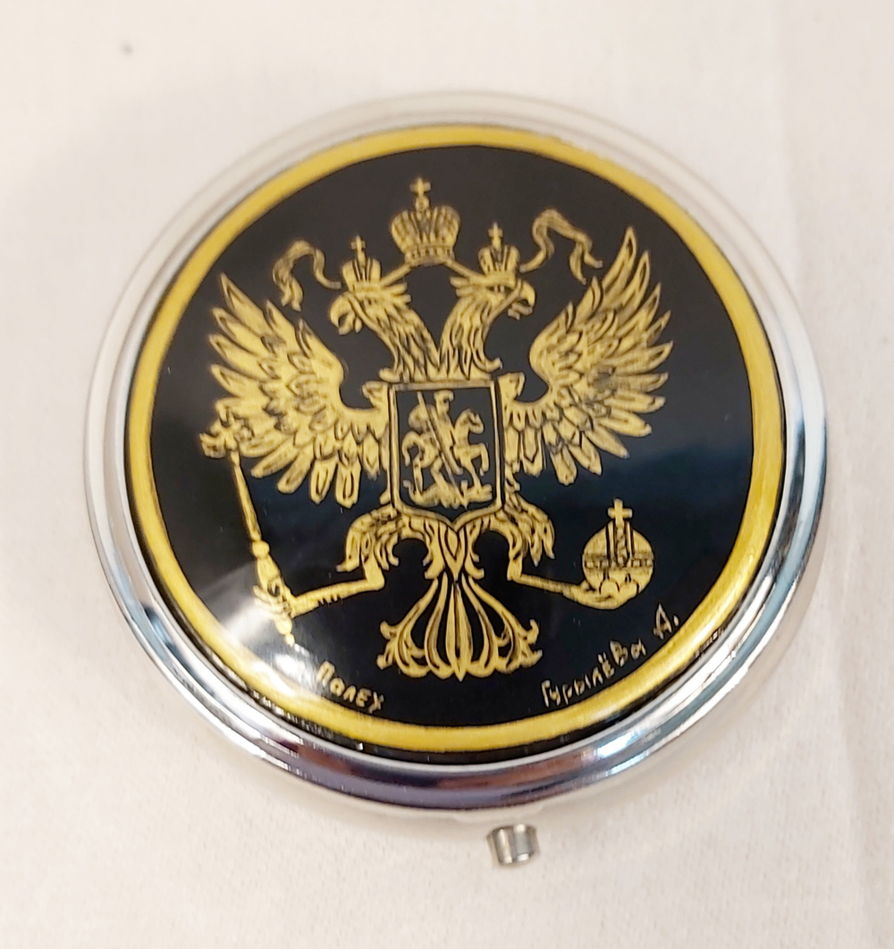 Сувенирный контейнер для хранения мелочей с ручной росписью Палех "Герб РФ"