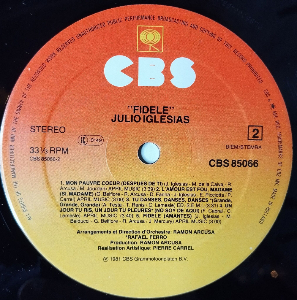 Винтажная виниловая пластинка LP Julio Iglesias Fidele (Holland 1981)