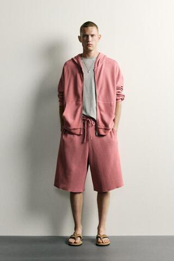 ZARA ШОРТЫ ИЗ ХЛОПКА С ВАФЕЛЬНОЙ ФАКТУРОЙ И ЭФФЕКТОМ ПОТЕРТОСТИ, РОЗОВАТЫЙ