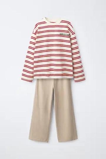 ZARA КОМПЛЕКТ ИЗ ФУТБОЛКИ В ПОЛОСКУ И БРЮК WIDE LEG, ЭКРЮ