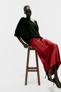 ZARA АТЛАСНАЯ ЮБКА МИДИ, НАСЫЩЕННЫЙ КРАСНЫЙ