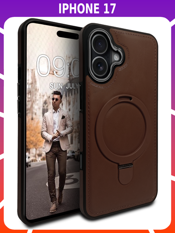 Business style чехол из кожи для IPHONE 17 с кольцом-подставкой и бархатной подкладкой