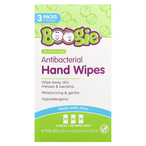 Boogie Wipes, антибактериальные салфетки для рук, без спирта, 3 упаковки по 20 салфеток