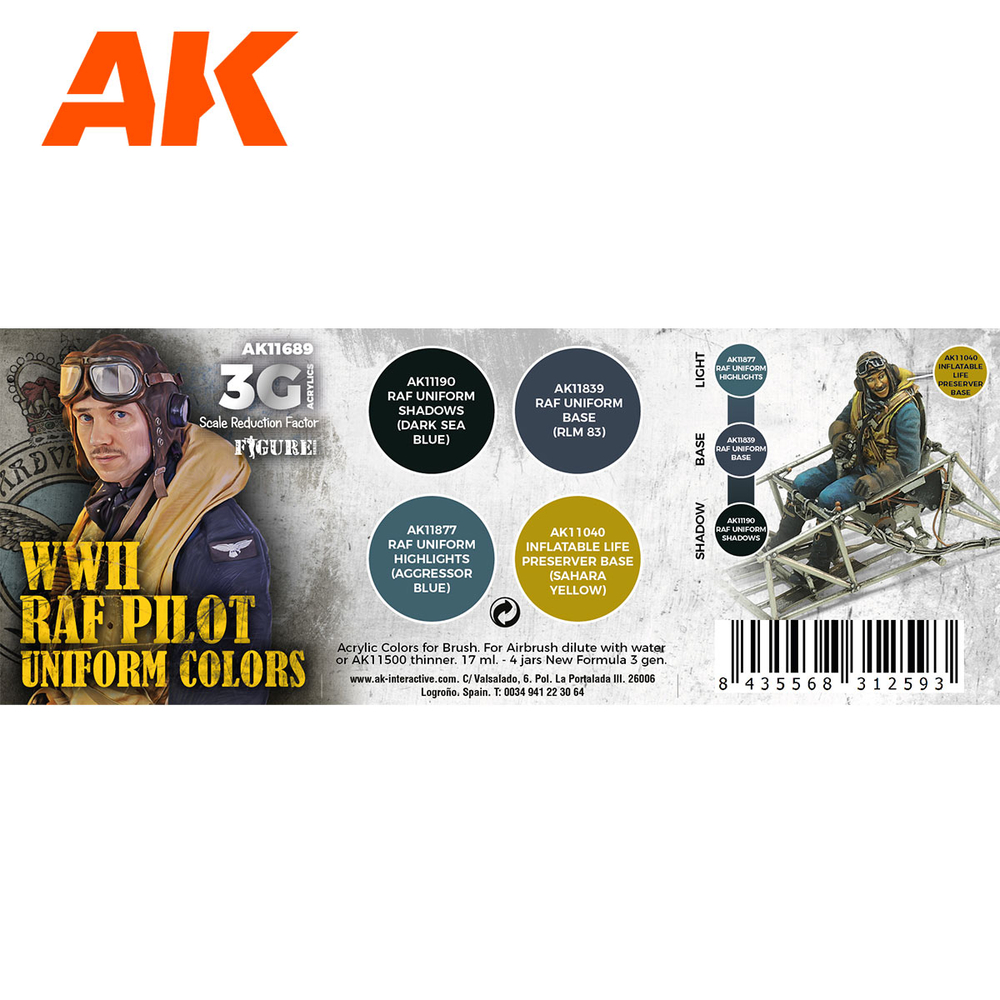 Набор красок AK interactive WWII RAF Pilot Uniform Colors 3G, 4 краски