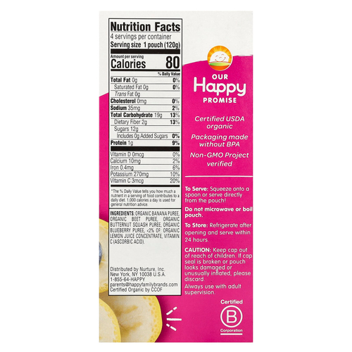 Happy Family Organics, Happy Tot®, Love My Veggies, этап 4, органические бананы, свекла, тыква и голубика, 4 пакетика по 120 г (4,22 унции)
