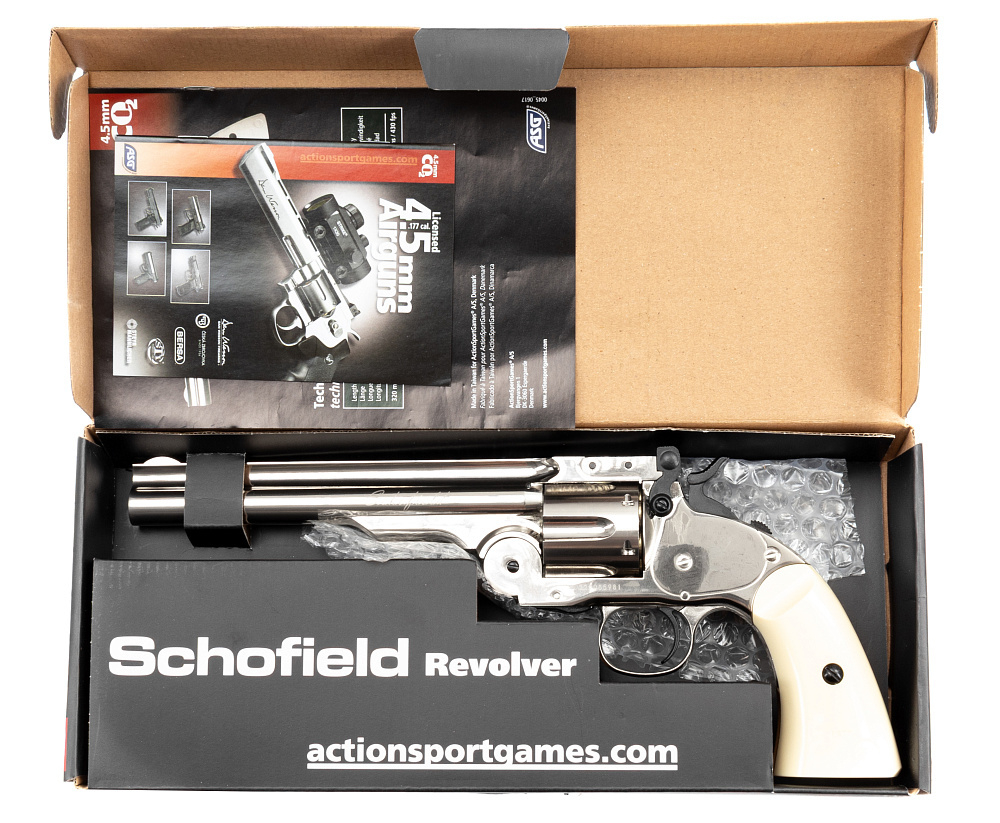 Револьвер пневматический ASG Schofield 6” (Schofield 2) Silver & Ivory Grip (пулевой)